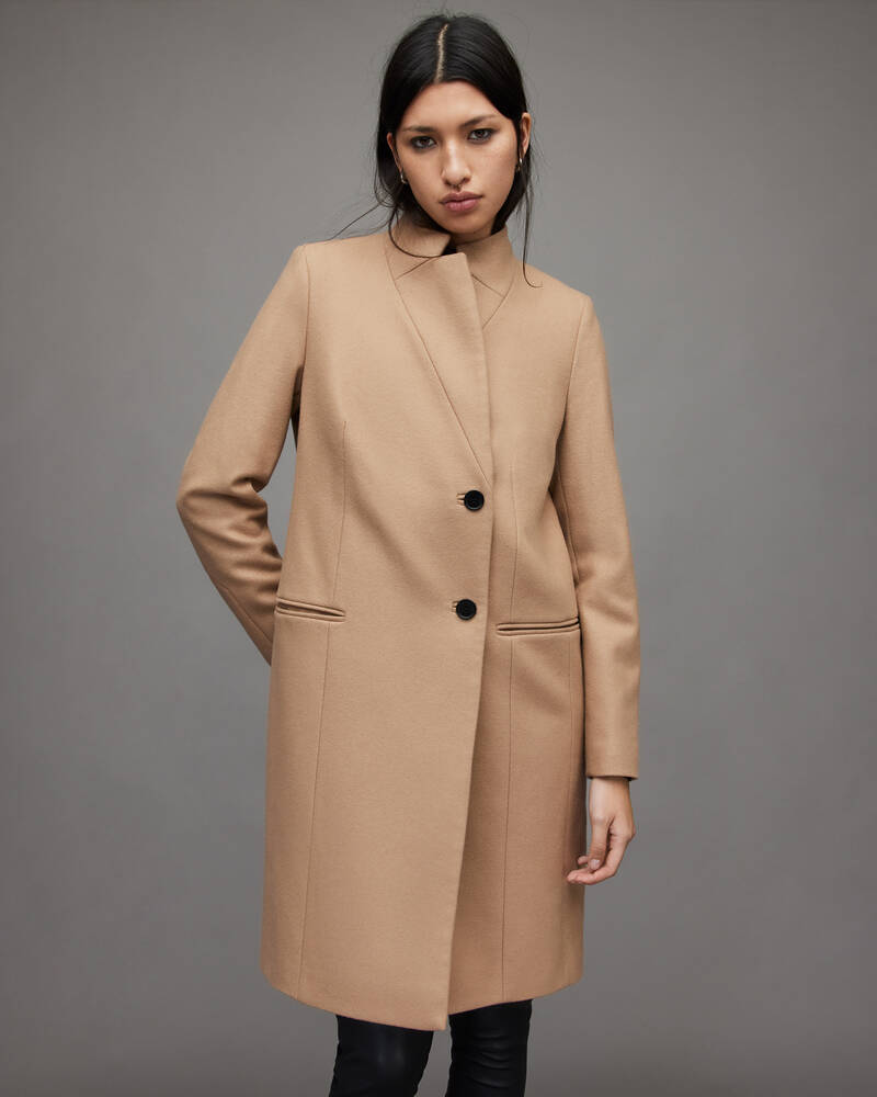 Camel Brown Allsaints Sidney Wool Cashmere Blend Coat | WO040X-30