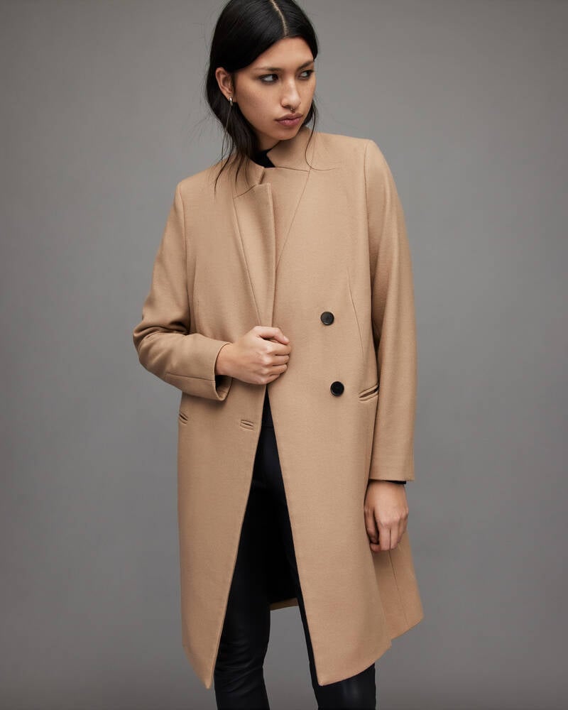 Camel Brown Allsaints Sidney Wool Cashmere Blend Coat | WO040X-30