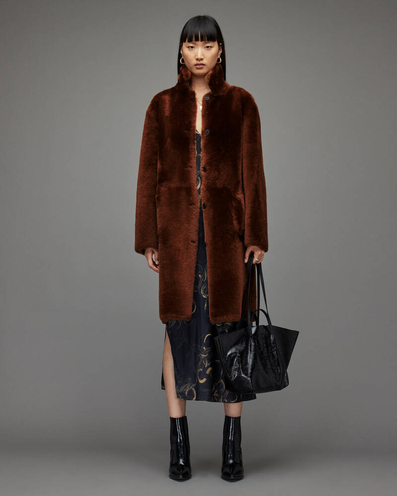 Caramel Brown Allsaints Serra Reversible Shearling Coat | WL084T-4813