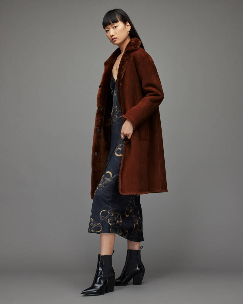 Caramel Brown Allsaints Serra Reversible Shearling Coat | WL084T-4813