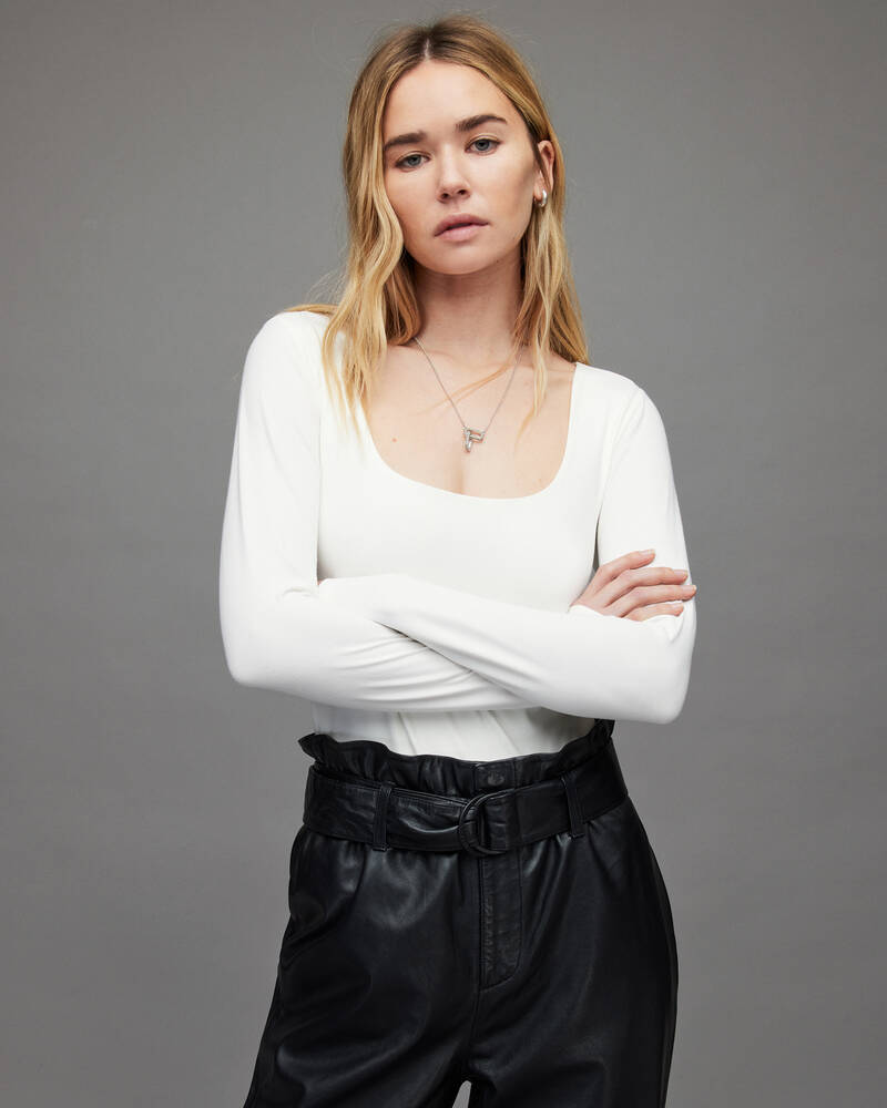 Chalk White Allsaints Tamie Long Sleeve Bodysuit | WM018X-4068