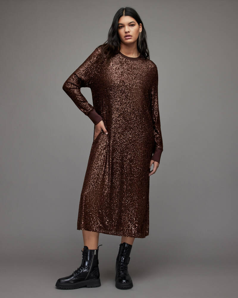 Dark Brown Allsaints Juela Crew Sequin Midi Dress | WD281X-1049