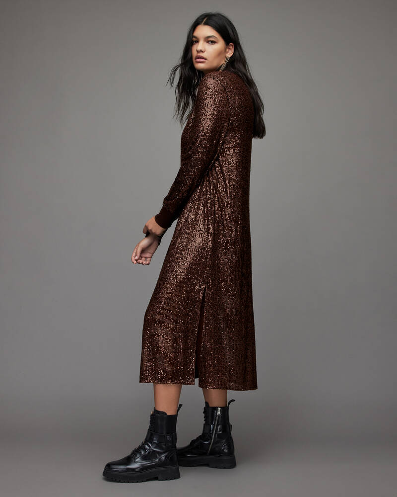 Dark Brown Allsaints Juela Crew Sequin Midi Dress | WD281X-1049