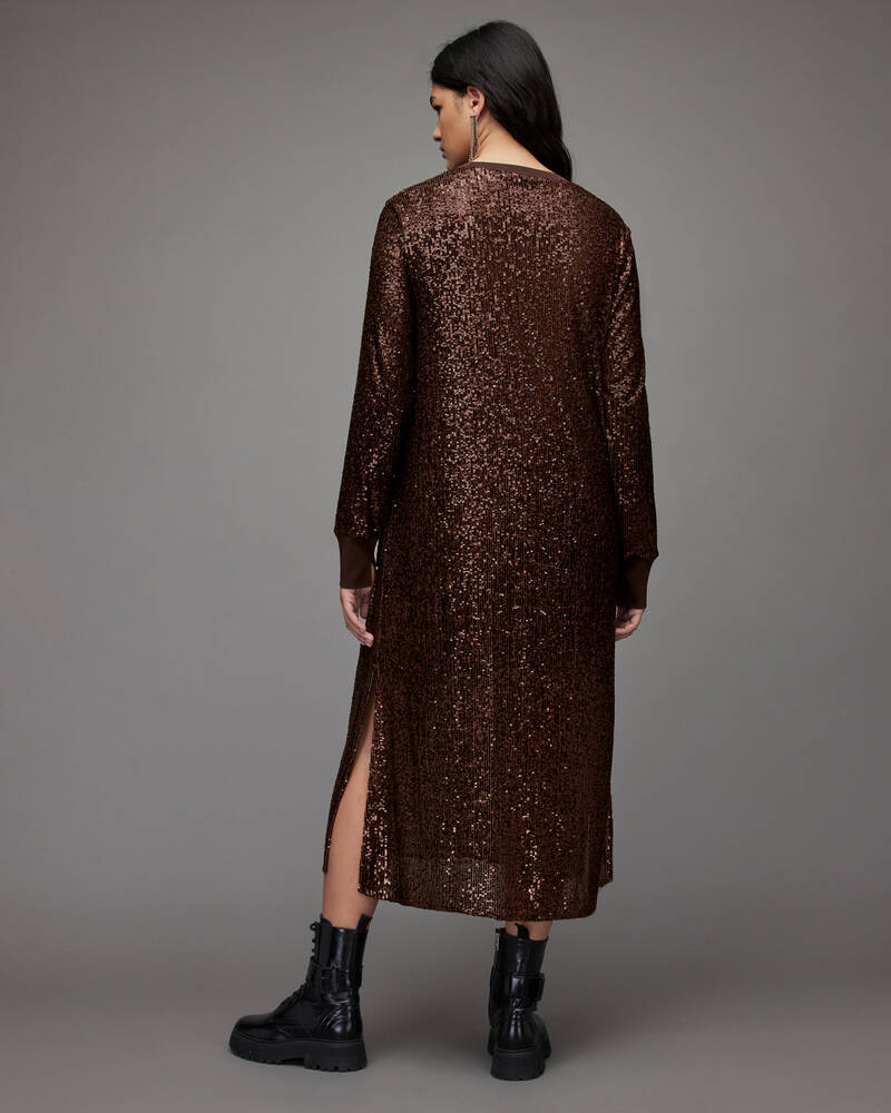 Dark Brown Allsaints Juela Crew Sequin Midi Dress | WD281X-1049