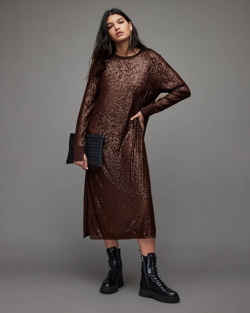 Dark Brown Allsaints Juela Crew Sequin Midi Dress | WD281X-1049