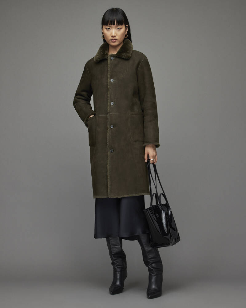 Dark Khaki Green Allsaints Serra Shearling Coat | WL084T-4072