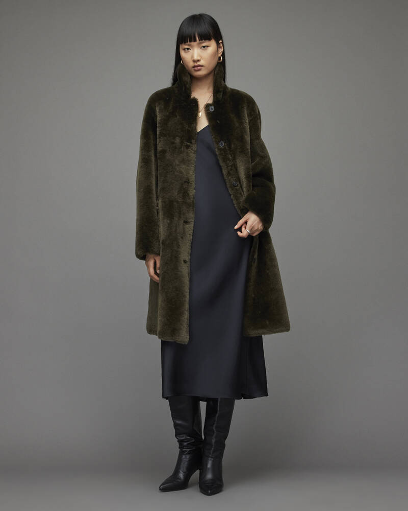 Dark Khaki Green Allsaints Serra Shearling Coat | WL084T-4072