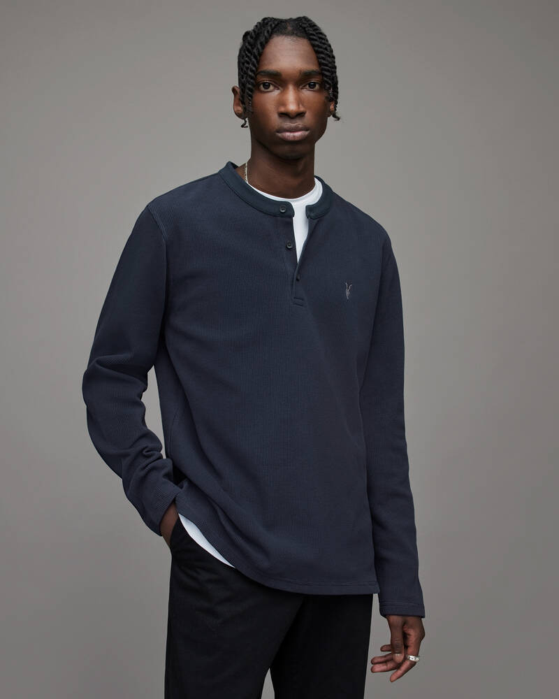 Deep Blue Allsaints Hayes Long Sleeve Henley T Shirt | MD012X-6727