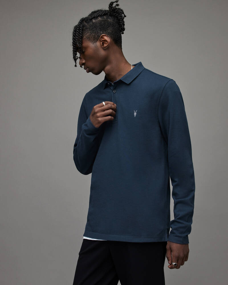 Deep Blue Allsaints Reform Long Sleeve Polo Shirt | MD216X-6727