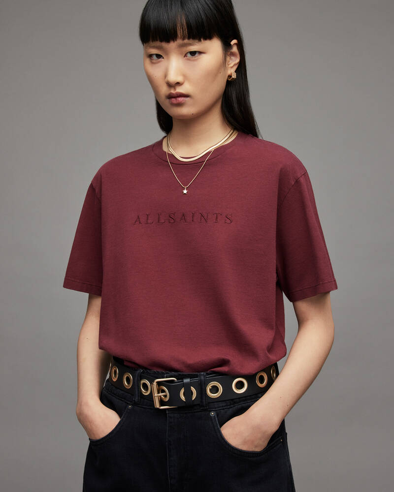 Deep Red Allsaints Pippa Boyfriend Embroidered T Shirt | WM192X-5467