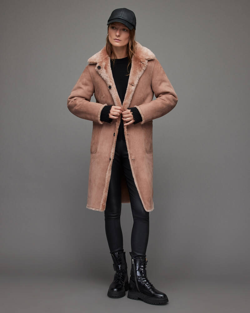 Dusty Pink Allsaints Serra Reversible Shearling Coat | WL084T-200