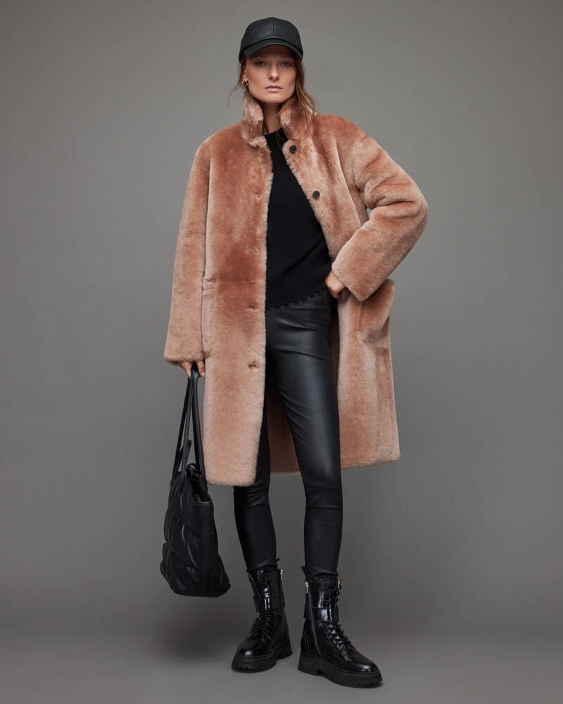 Dusty Pink Allsaints Serra Reversible Shearling Coat | WL084T-200