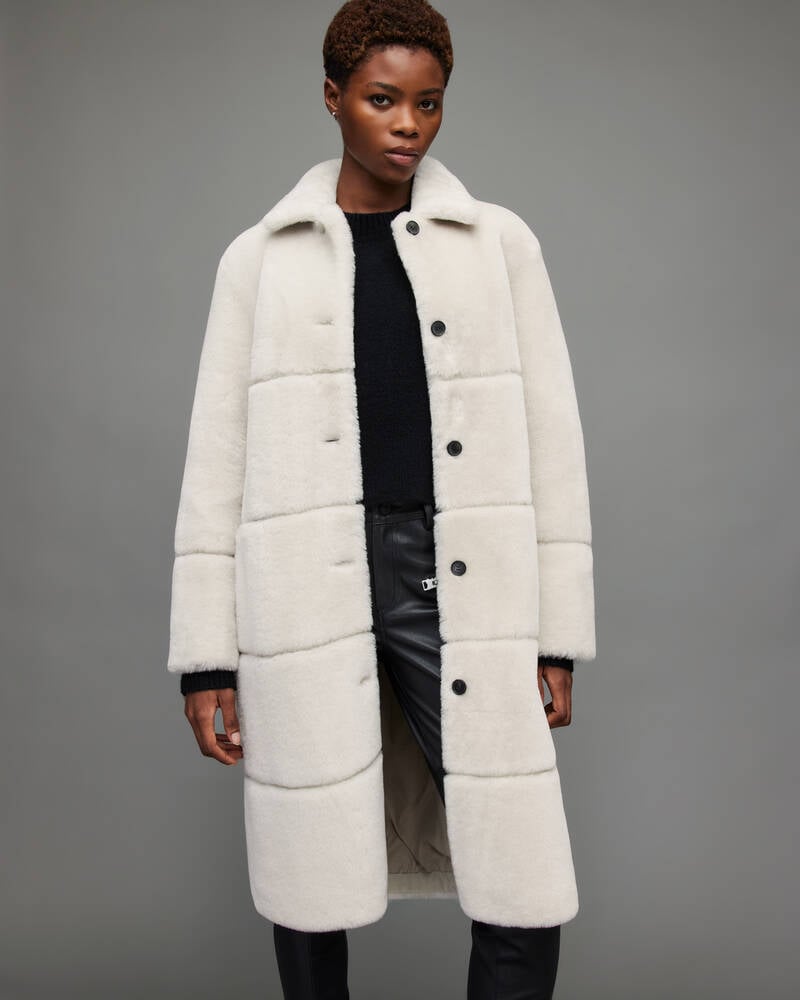 Ecru White Allsaints Serra Shearling Taped Coat | WL111X-4193