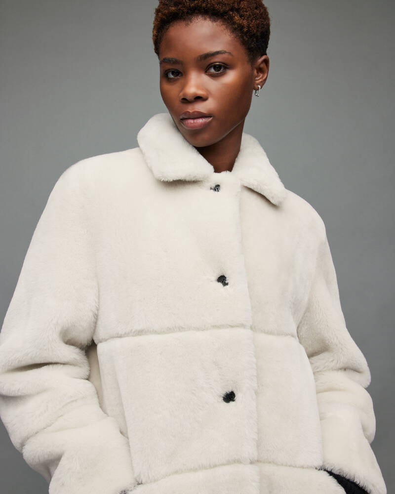 Ecru White Allsaints Serra Shearling Taped Coat | WL111X-4193