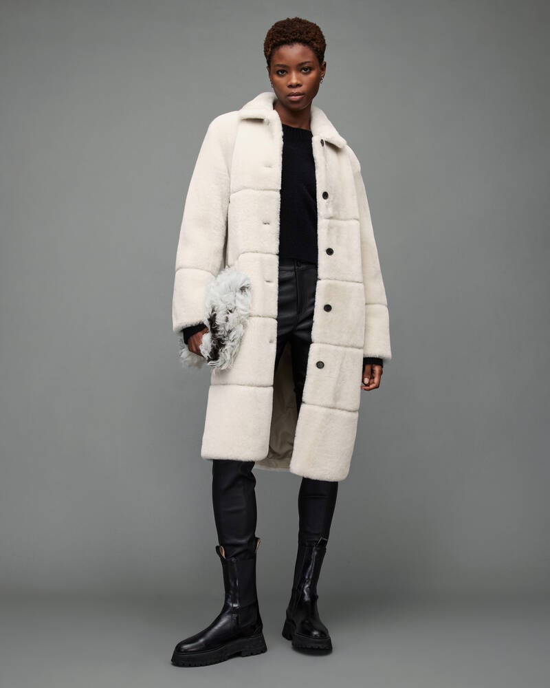 Ecru White Allsaints Serra Shearling Taped Coat | WL111X-4193