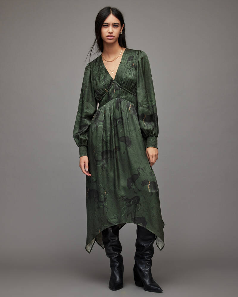 Forest Green Allsaints Estelle Heidi Silk Blend Dress | WD215X-2426