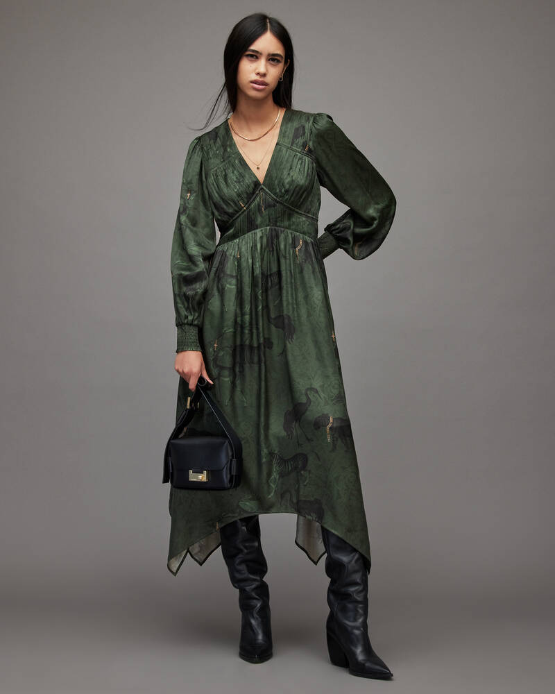 Forest Green Allsaints Estelle Heidi Silk Blend Dress | WD215X-2426