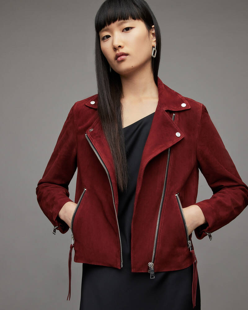 Garnet Red Allsaints Suede Dalby Biker Jacket | WL250T-5418