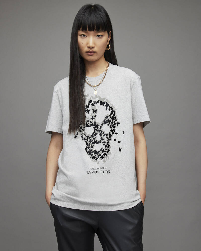 Grey Marl Allsaints Omnia Skull Boyfriend T Shirt | WG023X-107