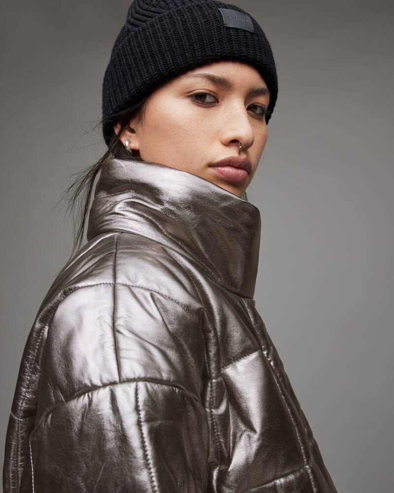 Gunmetal Allsaints Petra Metallic Leather Puffer Jacket | WL146X-93