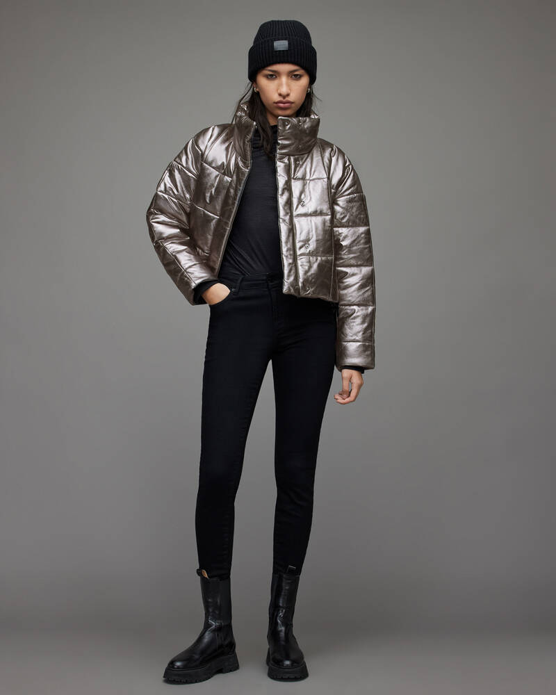 Gunmetal Allsaints Petra Metallic Leather Puffer Jacket | WL146X-93