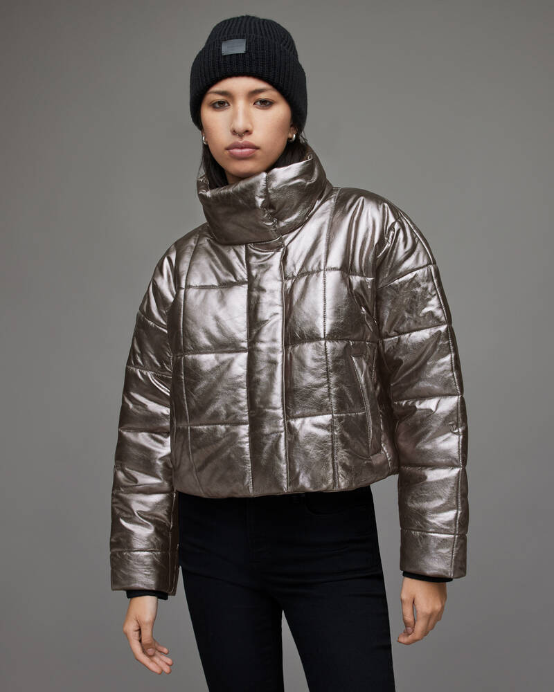 Gunmetal Allsaints Petra Metallic Leather Puffer Jacket | WL146X-93