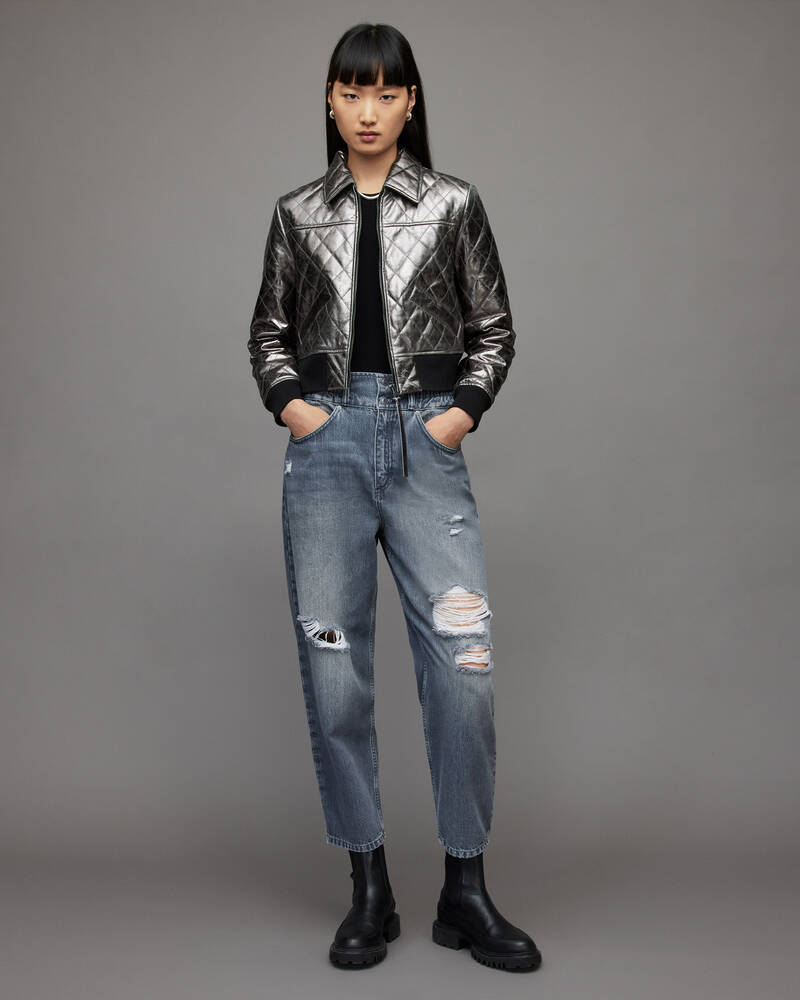 Gunmetal Allsaints Quinn Metallic Leather Bomber Jacket | WL161X-93