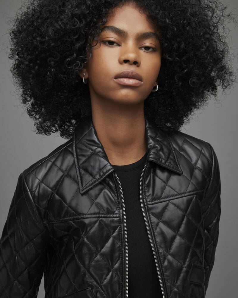 High Shine Black Allsaints Quinn Quilted Leather Bomber Jacket | WL042X-7743