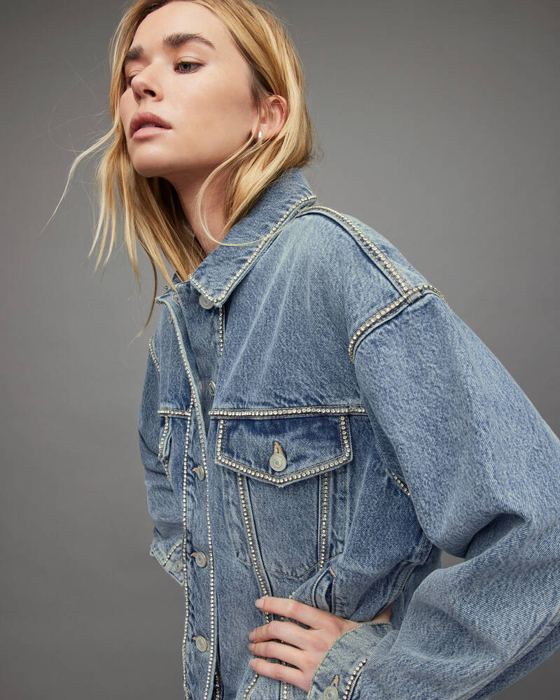 Indigo Blue Allsaints Bella Diamante Embellished Denim Jacket | WO130X-2824