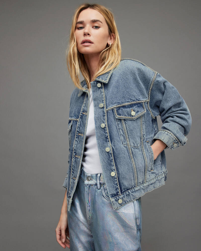 Indigo Blue Allsaints Bella Diamante Embellished Denim Jacket | WO130X-2824