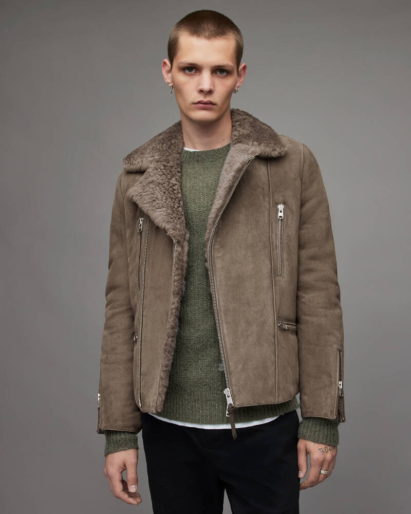 Inox Grey Allsaints Dylan Shearling Biker Jacket | ML056X-7103