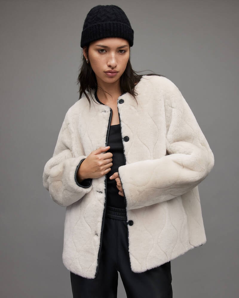 Ivory/Black Allsaints Duthie Reversible Shearling Liner Jacket | WL165X-8097