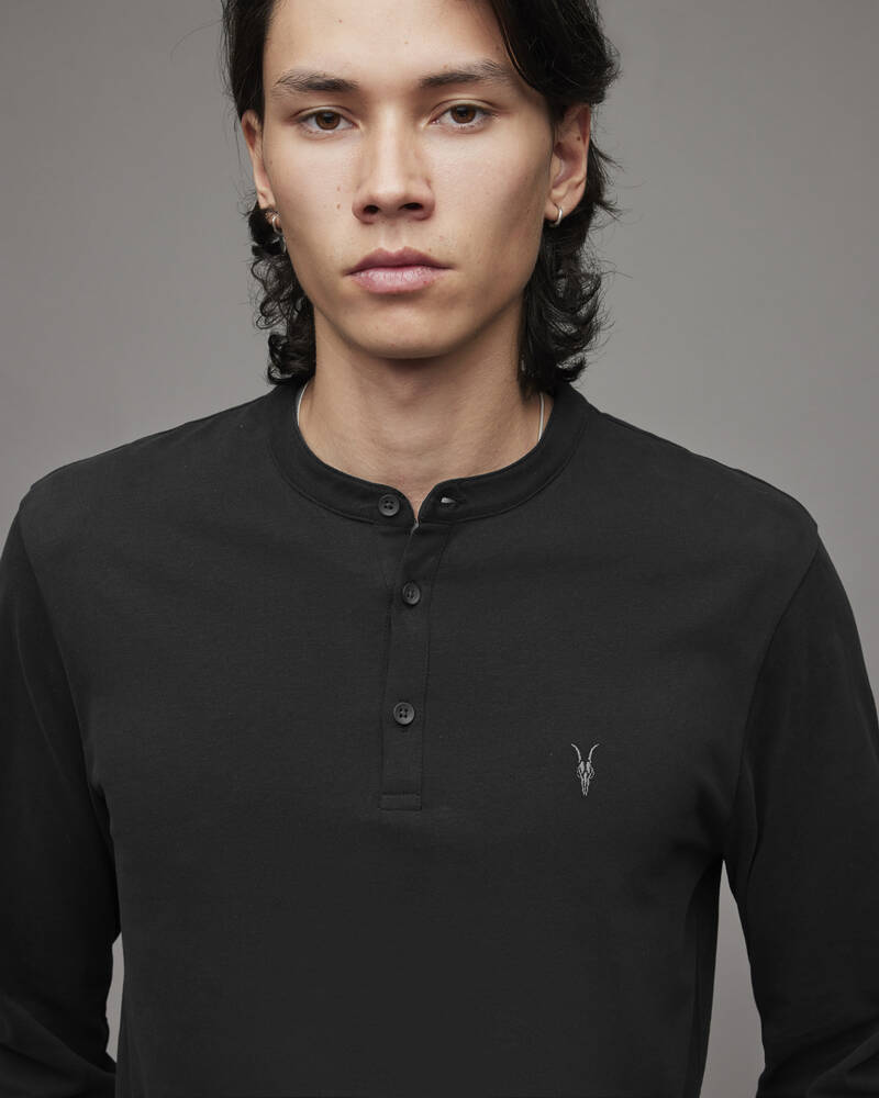 Jet Black Allsaints Brace Long Sleeve Brushed Cotton Henley | MD002U-451