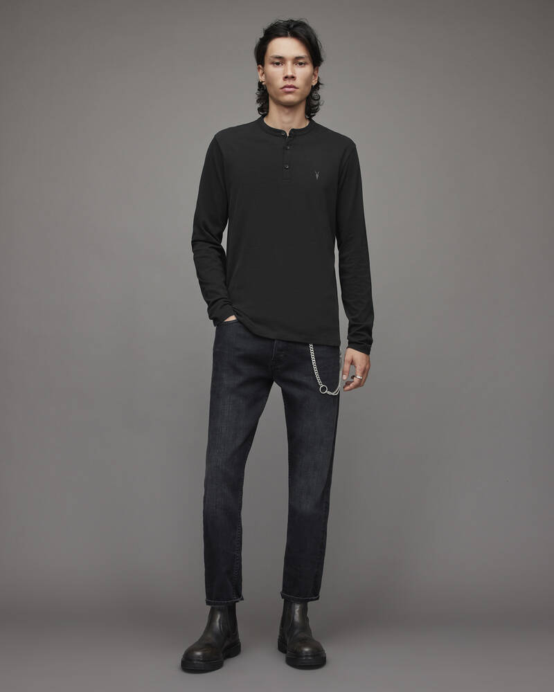 Jet Black Allsaints Brace Long Sleeve Brushed Cotton Henley | MD002U-451