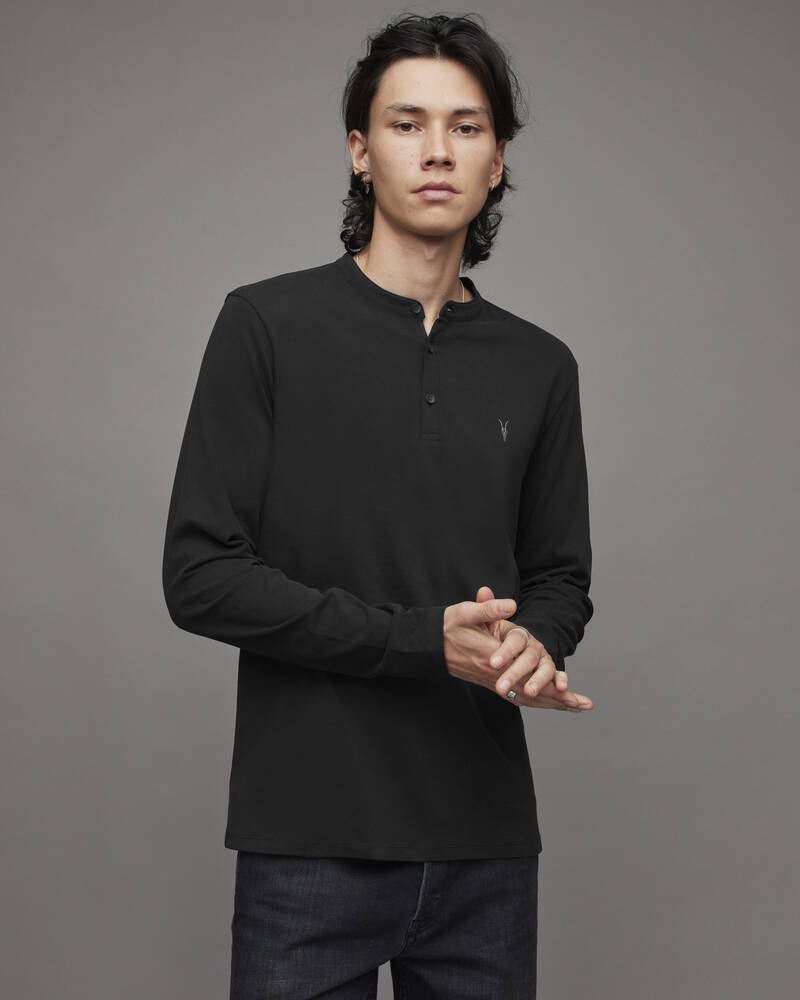 Jet Black Allsaints Brace Long Sleeve Brushed Cotton Henley | MD002U-451