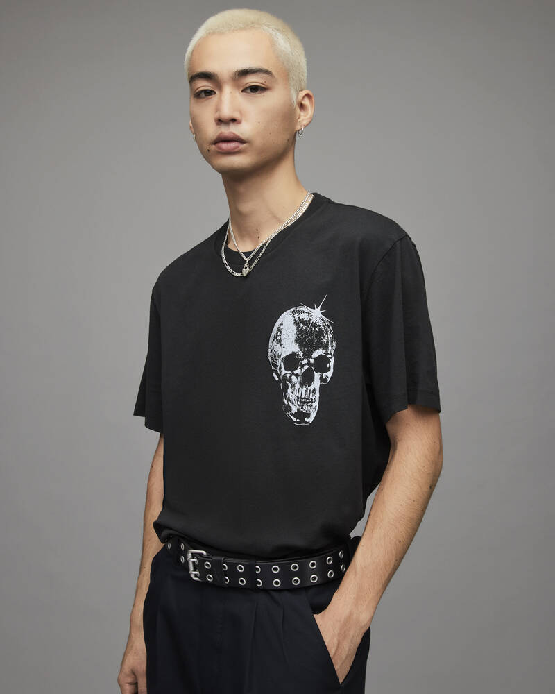 Jet Black Allsaints Mirrorskull Crew T Shirt | MG214X-451