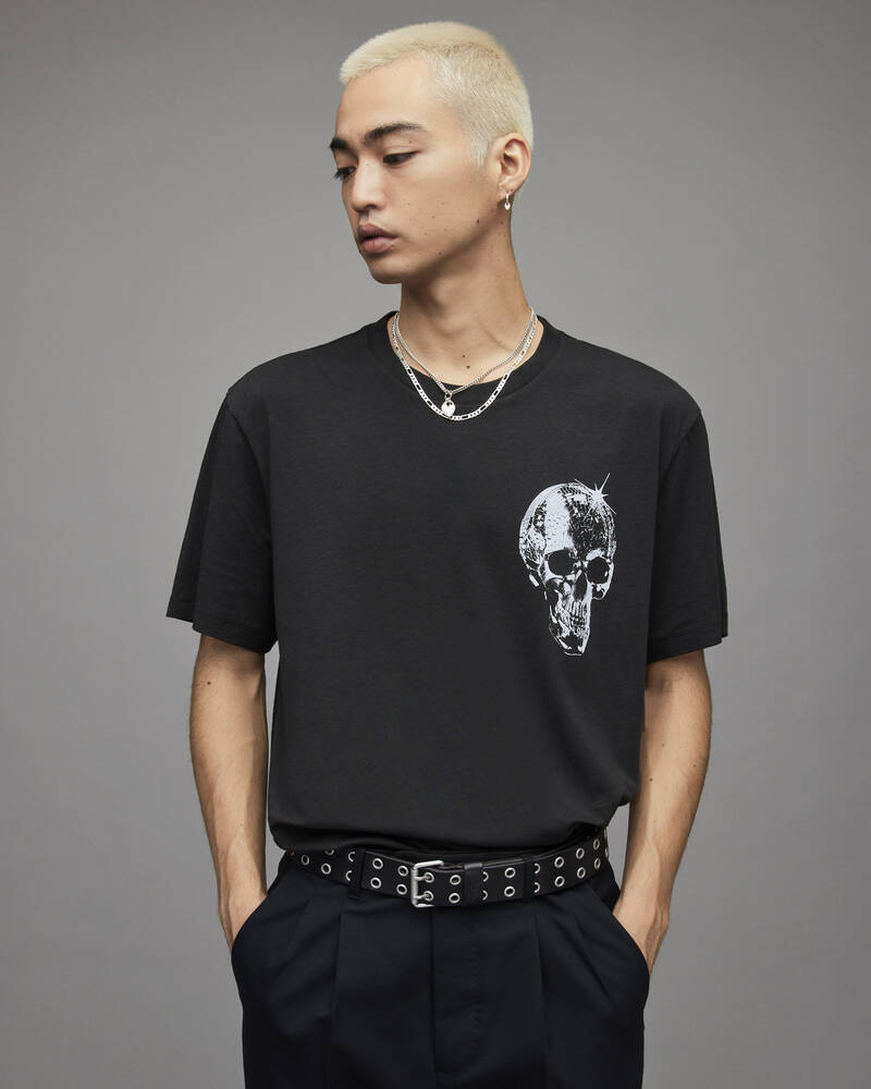 Jet Black Allsaints Mirrorskull Crew T Shirt | MG214X-451