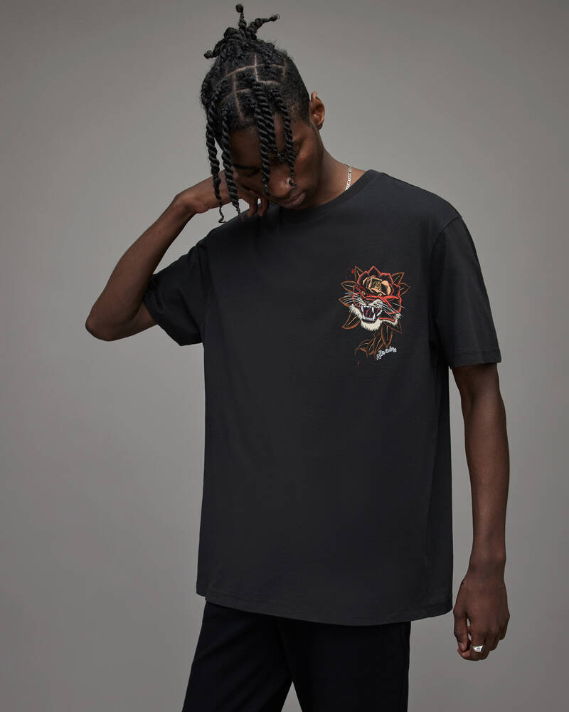 Jet Black Allsaints Tiger Rose Crew T Shirt | MG272X-451