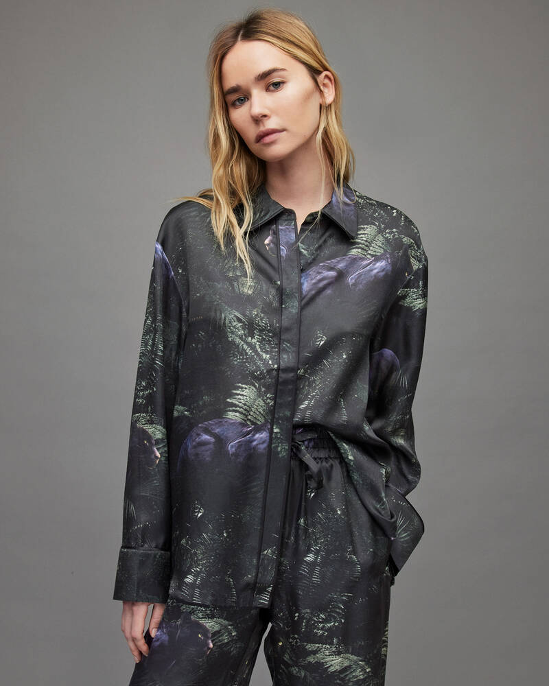 Jungle Green Allsaints Sofi Kim Silk Blend Pyjama Shirt | WX016X-5406