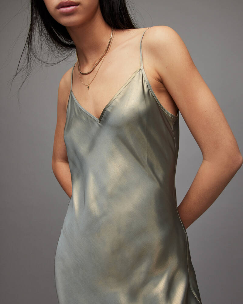 Khaki/Gold/Silver Allsaints Rosetta 2 In 1 Tinsel Dress | WD628T-8030