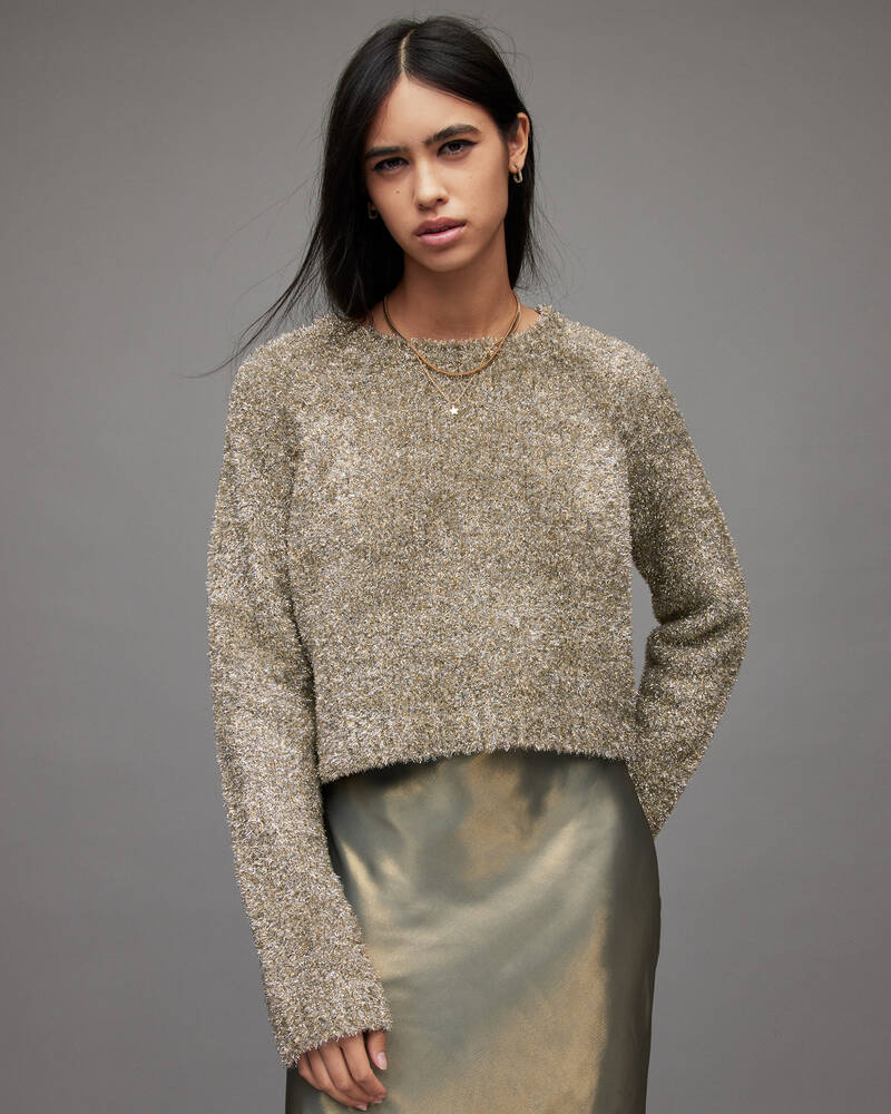 Khaki/Gold/Silver Allsaints Rosetta 2 In 1 Tinsel Dress | WD628T-8030