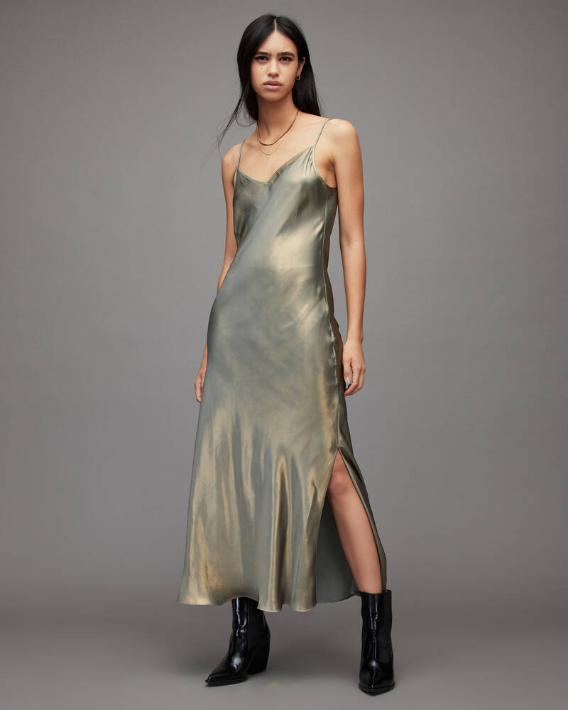 Khaki/Gold/Silver Allsaints Rosetta 2 In 1 Tinsel Dress | WD628T-8030