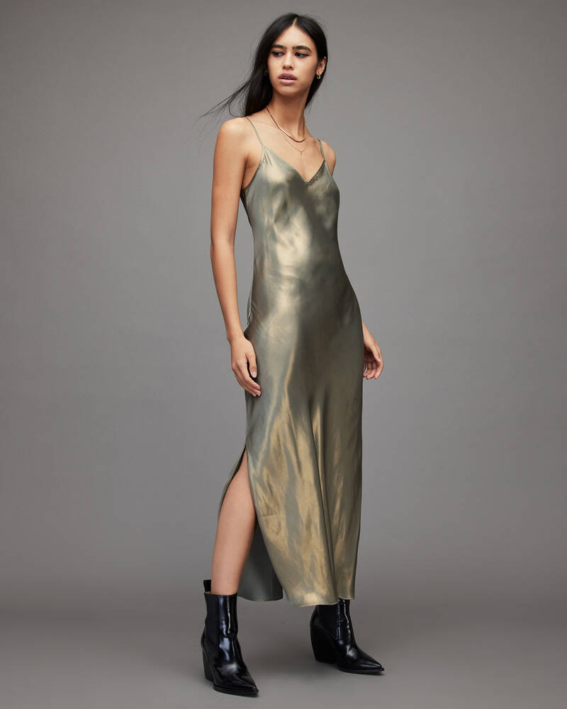 Khaki/Gold/Silver Allsaints Rosetta 2 In 1 Tinsel Dress | WD628T-8030