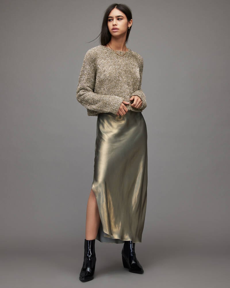 Khaki/Gold/Silver Allsaints Rosetta 2 In 1 Tinsel Dress | WD628T-8030