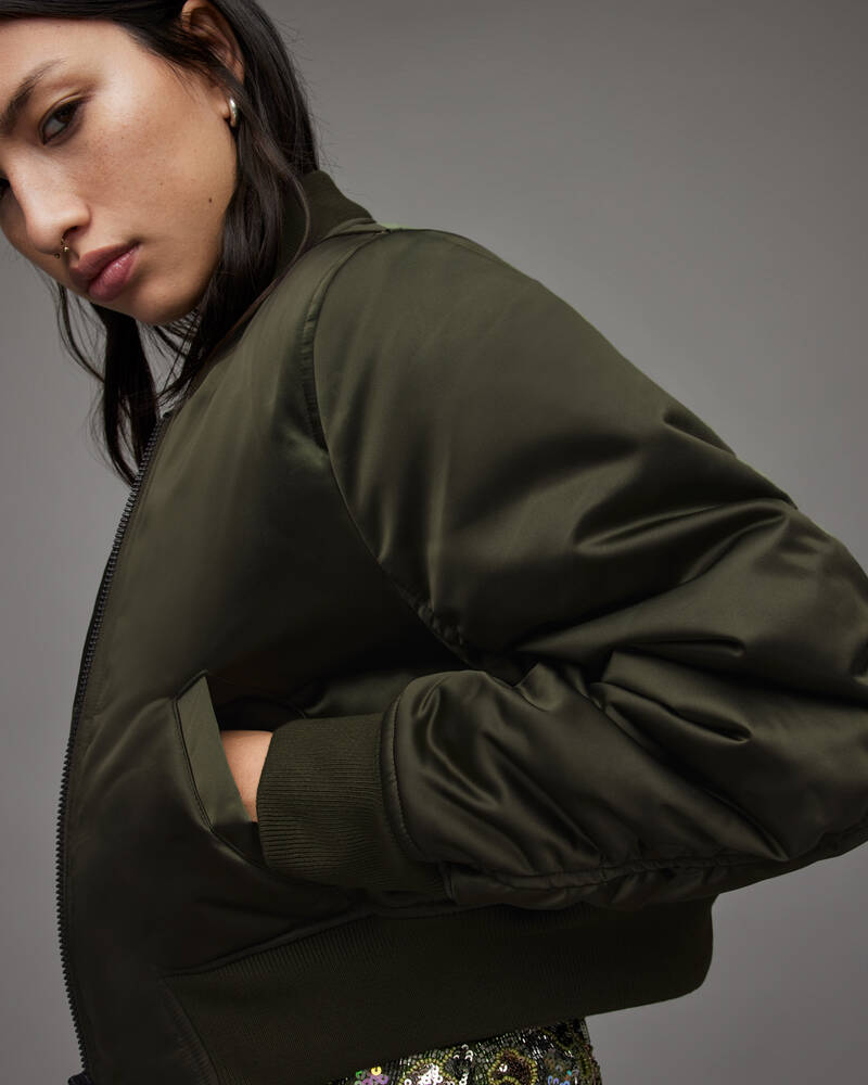 Khaki Green Allsaints Calie Cropped Bomber Jacket | WO085W-3836