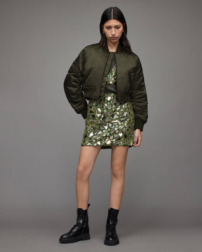 Khaki Green Allsaints Calie Cropped Bomber Jacket | WO085W-3836