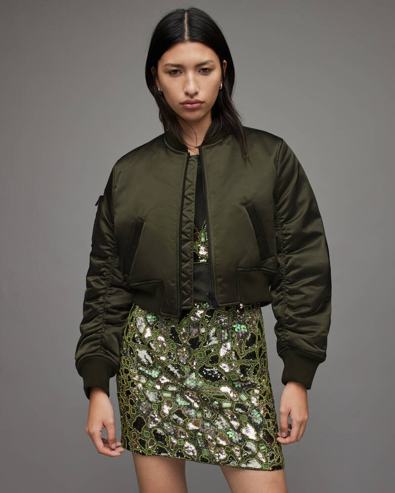 Khaki Green Allsaints Calie Cropped Bomber Jacket | WO085W-3836