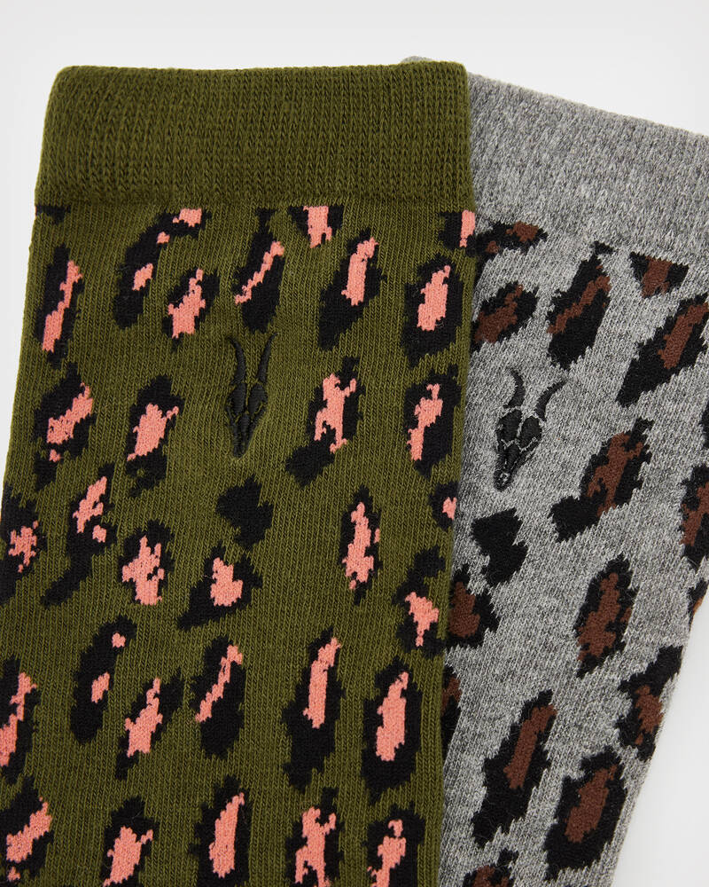 Khaki Green/Toffee Allsaints Leopard Print Socks 2 Pack | WW507X-7954