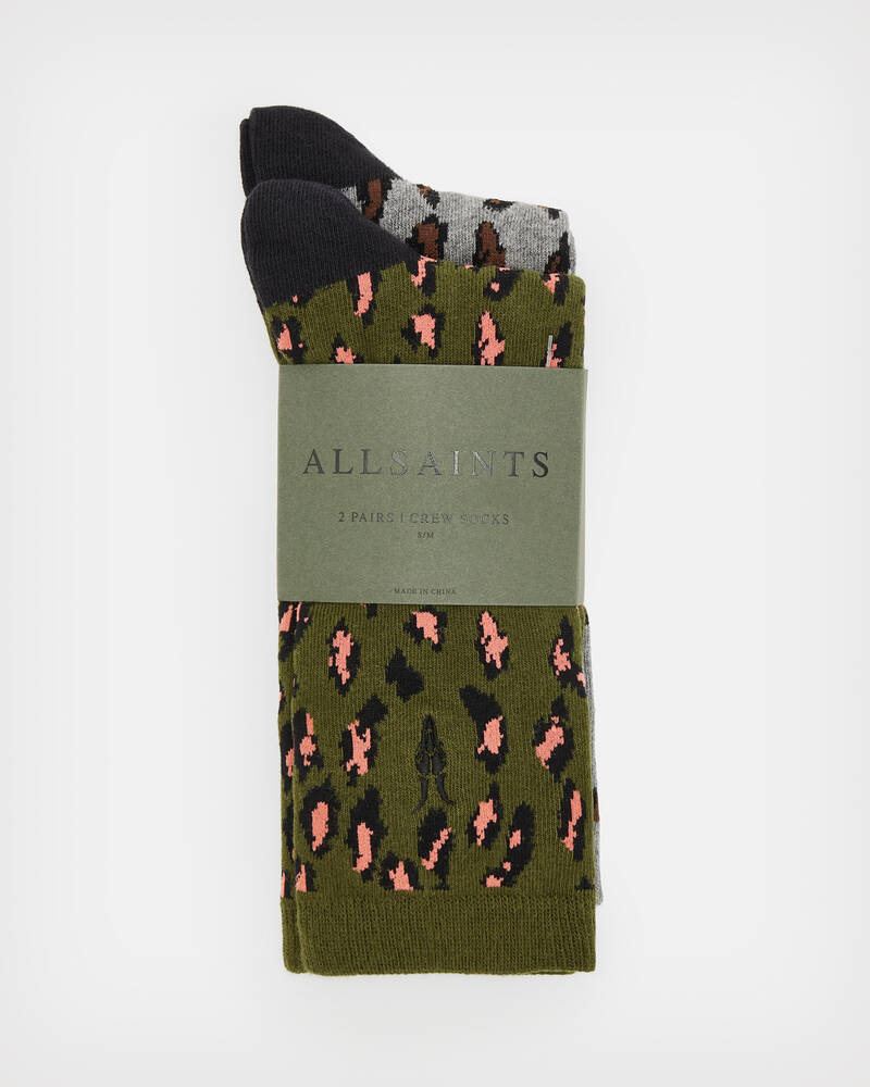 Khaki Green/Toffee Allsaints Leopard Print Socks 2 Pack | WW507X-7954