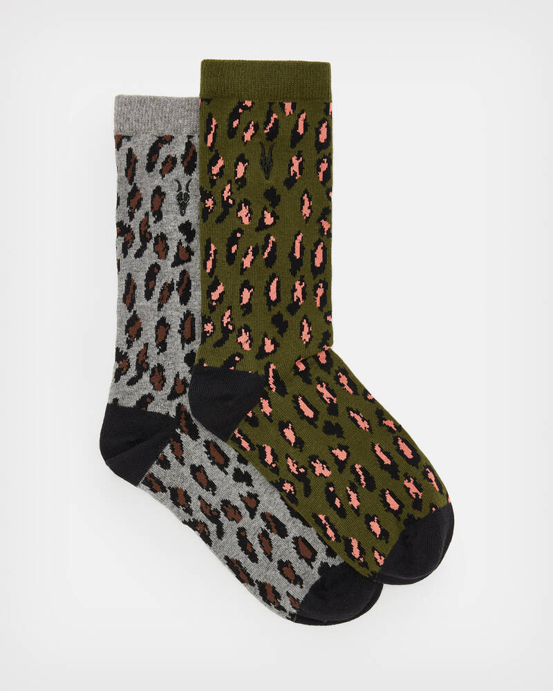 Khaki Green/Toffee Allsaints Leopard Print Socks 2 Pack | WW507X-7954